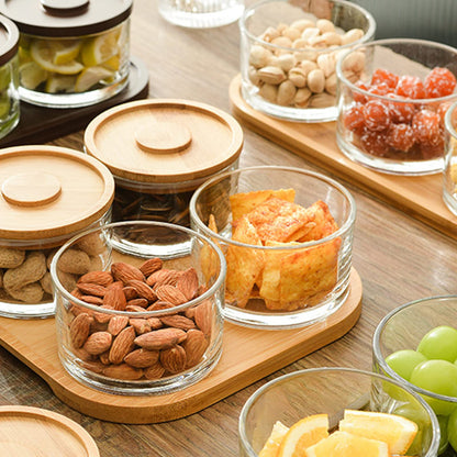 KVMORZE Chip and Dip Serving Set with Bamboo Tray, Snack Candy Fruit Nut Serving Platter, Small Glass Dipping Serving Bowls with Lids for Condiments, Side Dishes, Pre, Dessert, Salsa (4 Slots)