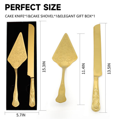 GURUDAR Vintage Wedding Cake Knife and Server Set, Stainless Steel Cake Pie Pastry Cutting Knife & Serving Spatula Set, Premium Party Supplies for Wedding, Birthday, Anniversary & Events, Gold