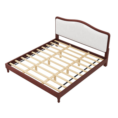 Merax King Size Upholstered Platform Bed Frame with Curved Headboard, Espresso Wood Frame & White Fabric, Noise-Free, Strong Slat Support, No Box Spring Needed, Easy Assembly