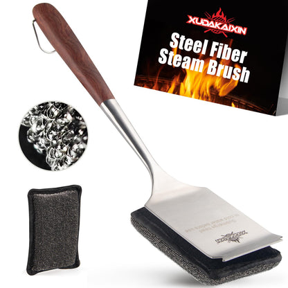 Bristle-Free Steam Cleaning Grill Brush Kit – Luxurious Long Rosewood Handle, Includes 1 Replacement Head – Safe BBQ Grill Cleaning for Outdoor Grill – Great Gift for Men/Dad