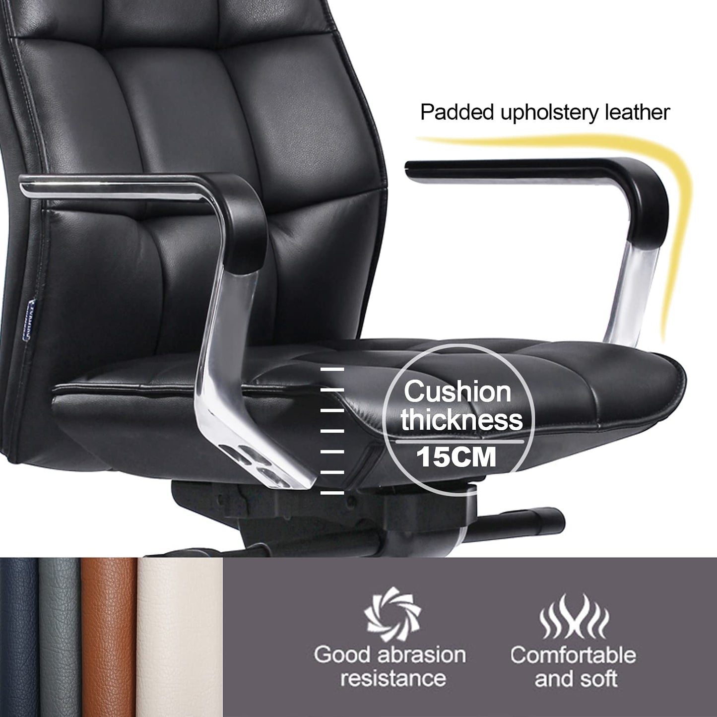 FURIJING Genuine Leather Aluminum Base High Back Executive Chair,Modern Ergonomic Real Leather Office Chair Boss Executive Chair with Synchro-Tilt Mechanism-Black.