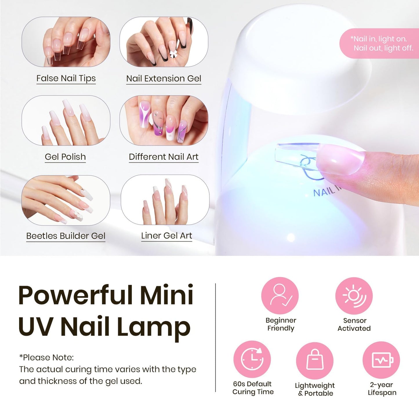 Beetles Tipex Instant Apex Nail Tips Kit, Coffin Long 224Pcs 16 Sizes Pre-Building & Pre-Etched Thicker Acrylic Nails False Nail Extension with Tipex Nail Glue Mini Nail Lamp
