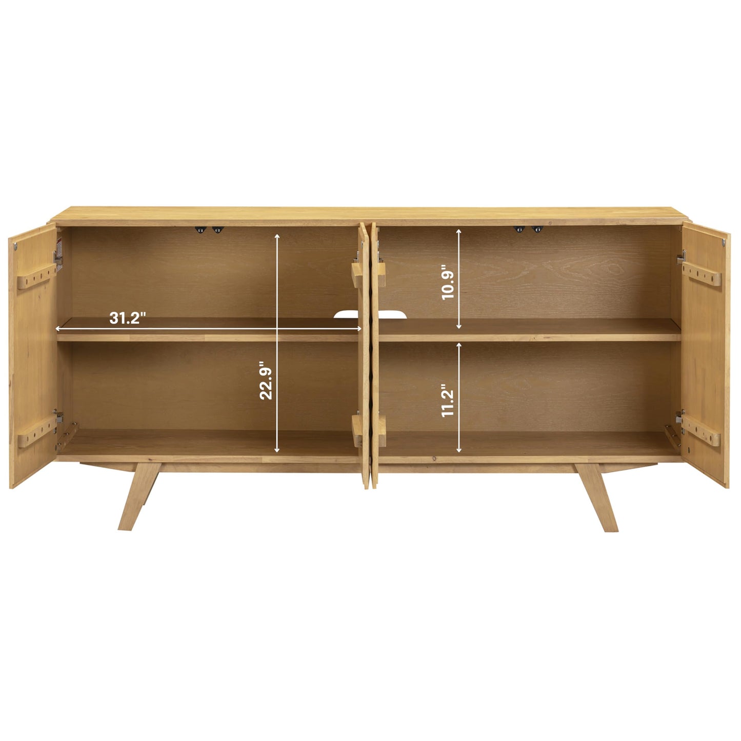 NTC Sapa Mid-Century Modern Solid Wood Sideboard – 4-Door Accent Buffet Cabinet with Carved Geometric Fronts, for Living Room, or Entryway, Effortless Assembly, Sand