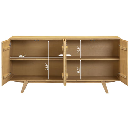 NTC Sapa Mid-Century Modern Solid Wood Sideboard – 4-Door Accent Buffet Cabinet with Carved Geometric Fronts, for Living Room, or Entryway, Effortless Assembly, Sand