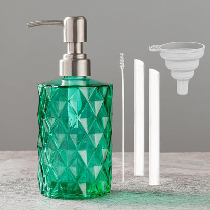 Easy Tang Glass Soap Dispenser, 12 Oz Crystal Design with Silver Pump, Green