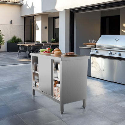 ROVSUN Stainless Steel Table with Cabinet 39 x 19 inches, NSF Commercial Heavy Duty Kitchen Table for Prep & Work, Kitchen Cabinet with 2 Sliding Doors for Restaurant, Home, Hotel, Garage, Laundry