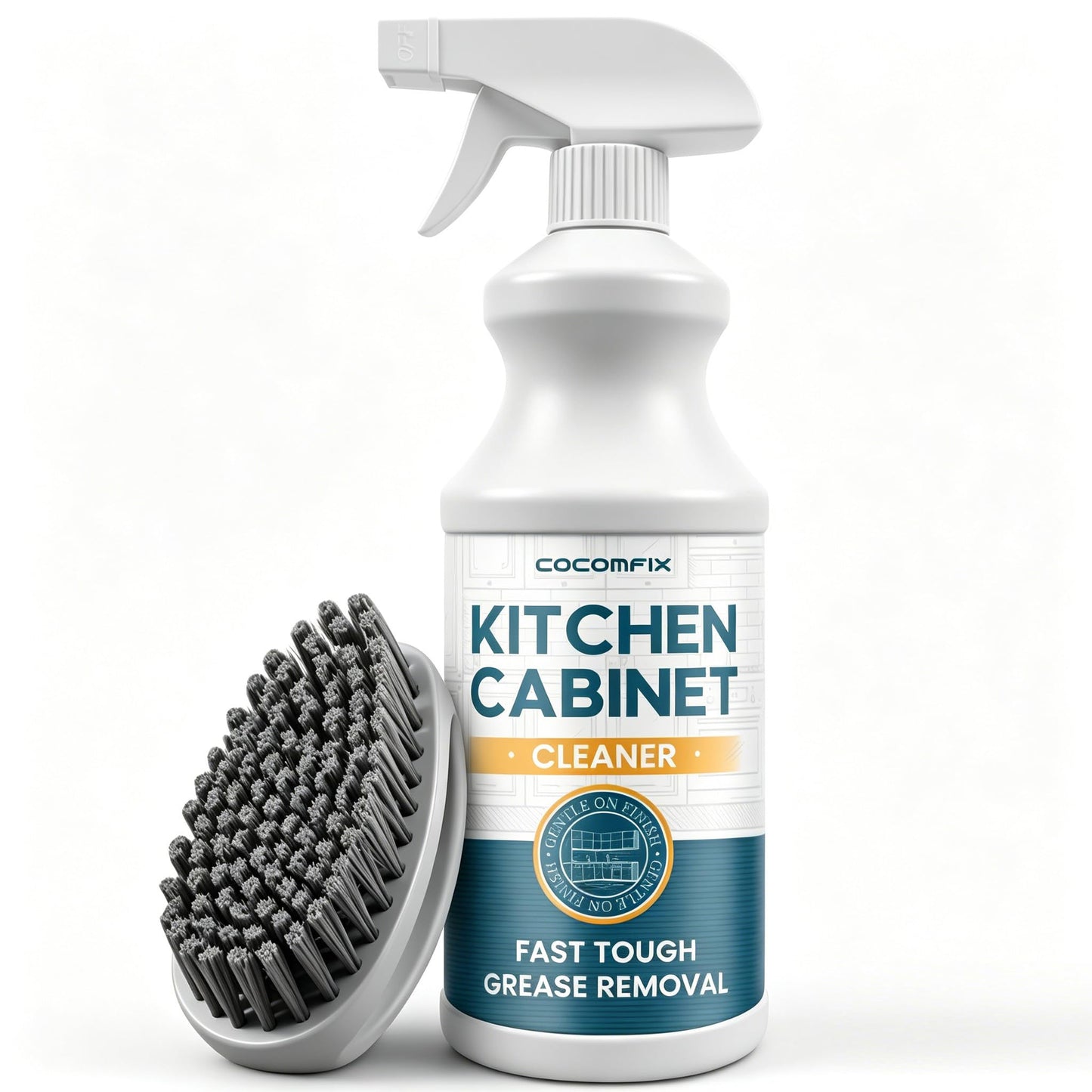 cocomfix Kitchen Cabinet Cleaner, Tough & Gentle Degreaser for Wood, Painted Kitchen Cabinet & Furniture, Grime & Grease Remover – No Residue, No Streaks, with Soft Scrub Brush – 32oz