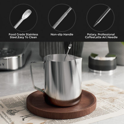 JZ.CAFE Milk Frothing Pitcher, 12 Oz/350 ML Milk Frother Steamer Cup Stainless Steel Espresso Cup with Decorating Pen