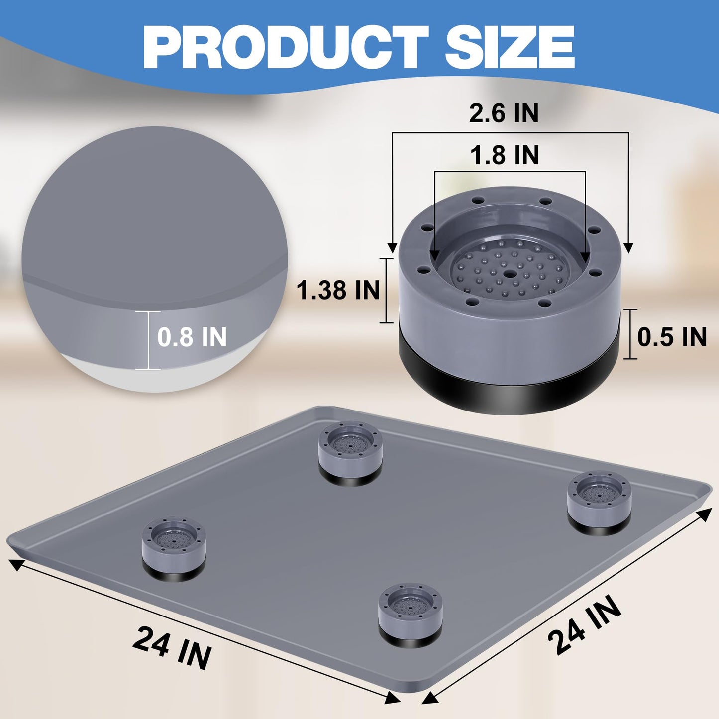 ToLanbbt Mini Fridge Silicone Mat with 4 Base Raisers - 24" x 24" x 0.8" Mini Fridge Drip Tray Under Refrigerator Mat Carpet Floor Protector Leak-Resistant Portable AC Pan for Washing Machine, Gray