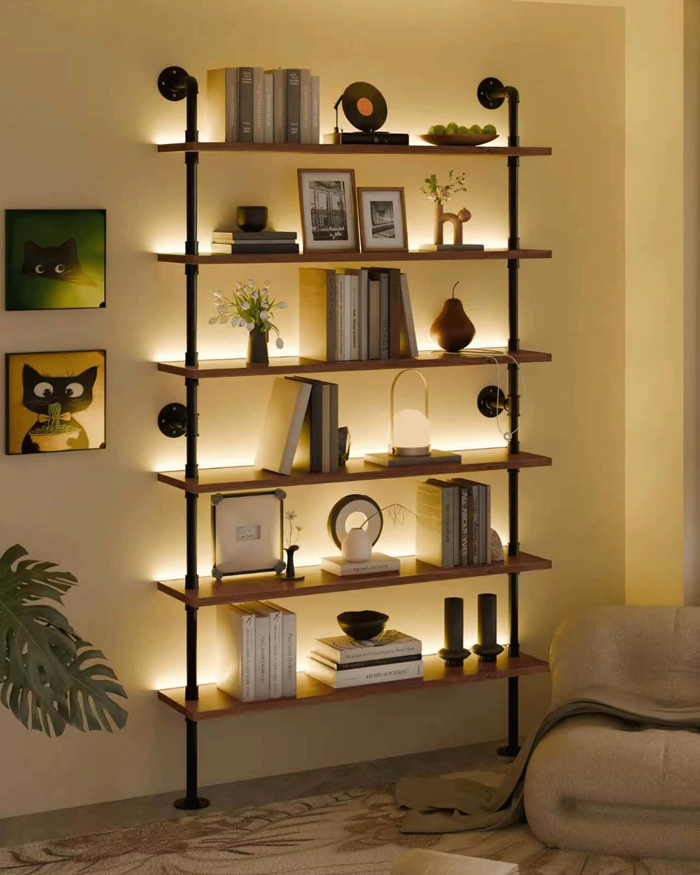 Anynice 6-Tier Ladder Shelf with Warm LED Light Strip, Solid Pine Wood Wall Mounted Bookshelf in Walnut Brown, 48-Inch Industrial Pipe Bookcase for Living Room, Bedroom, Home Office