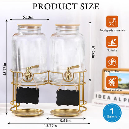 Drink Dispensers For Parties- 1 Gallon Beverage Dispenser with Stand and Spigot 18/8 Stainless Steel Leak-proof- Sun Tea Glass Jar For Outside, Juice Lemonade Dispenser