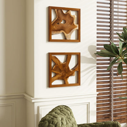 JOLLYMER 2 Pack Live Edge Teak Wood Wall Decor, Rustic Wooden Wall Art, Handcrafted Home Decoration for Living Room Bedroom Office, 17"x17" Natural Frame