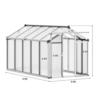 6x10 FT Greenhouse, Outdoor Sliding Door, Polycarbonate Greenhouse with Aluminum Frame, Lockable Door and Ajustable Roof Vent for Backyard, Outside Garden Backyard, Patio, Silver