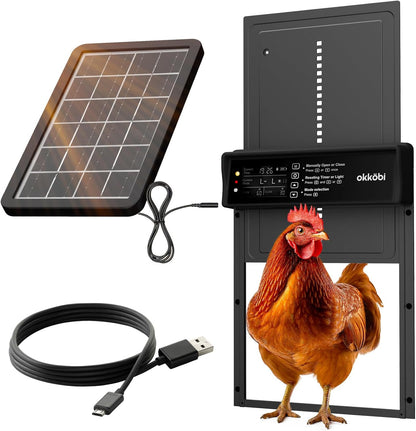 Anti-Pinch 5-Year Okkobi Automatic Chicken Coop Door Solar Powered - LCD Display - Chicken Coop Door with Light Sensor
