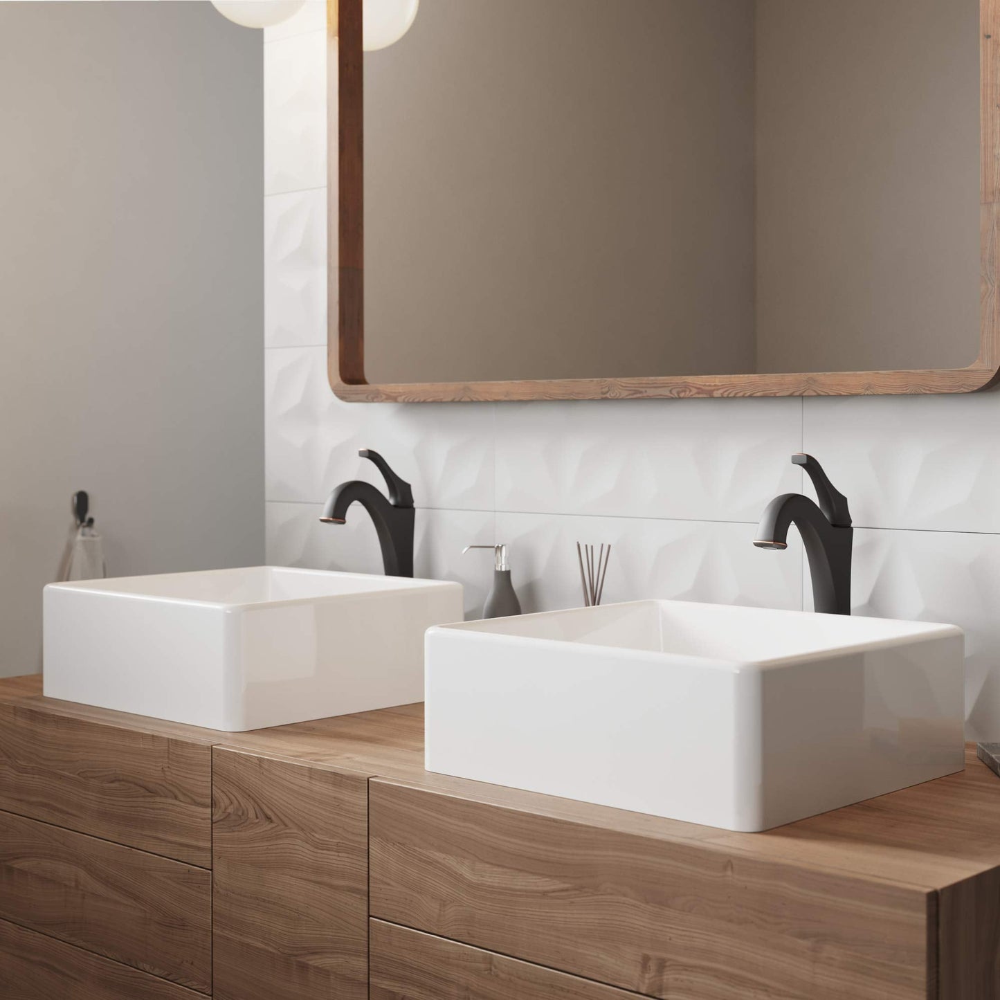 KRAUS Elavo 15-inch Square White Porcelain Ceramic Bathroom Vessel Sink and Arlo Faucet Combo Set with Pop-Up Drain, Oil Rubbed Bronze C-KCV-120-1200ORB