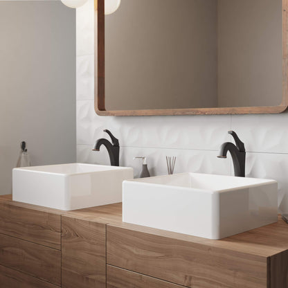 KRAUS Elavo 15-inch Square White Porcelain Ceramic Bathroom Vessel Sink and Arlo Faucet Combo Set with Pop-Up Drain, Oil Rubbed Bronze C-KCV-120-1200ORB