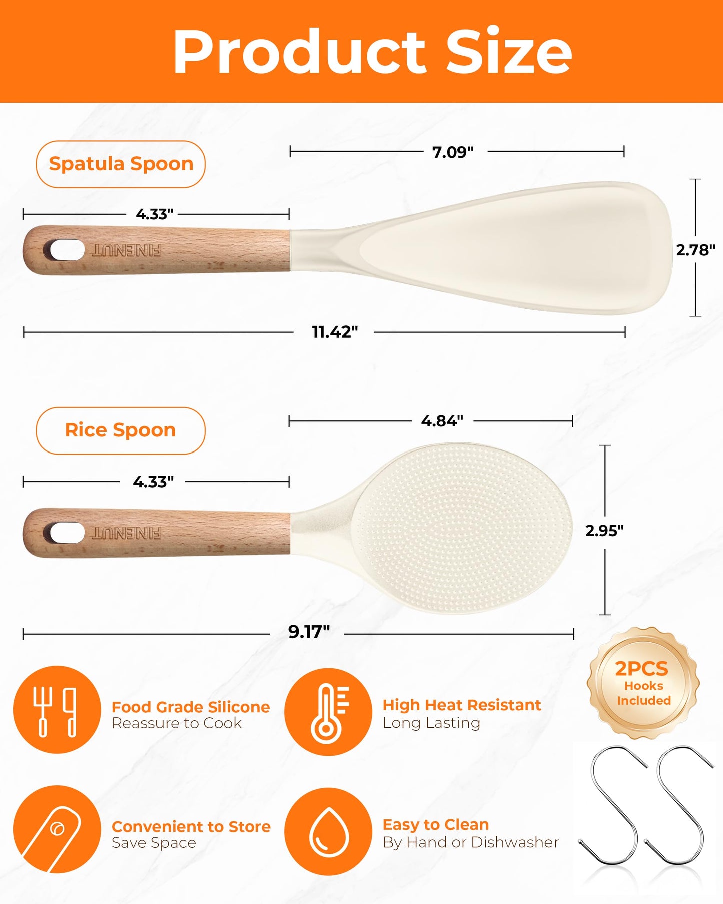 FINENUT Cooking Spoon Multifunction Spoonula Silicone Spatula Spoon 2-Pack, Dual-Use Heat Resistant 446°F, BPA-Free Non-Toxic Wooden Handle Rice Spoon Set for Non-Stick Cookware & Rice Cookers (Khaki)