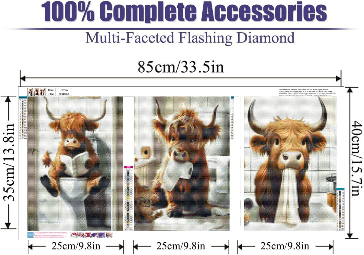3 Pack Cute Cow Bathroom Diamond Art Kits - DIY 5D Farm Animal Diamond Painting Kits for Beginners, DIY Full Drill Diamonds Painting Kits Pictures with Diamond Gem Art Home Wall Decor 12'' x16''
