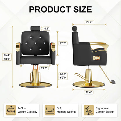 LOUVIXA Barber Chair Reclining, Salon Chairs for Hair Stylist, Height Adjustable Salon Styling Chair, Heavy Duty Barber Chairs, 360 Swivel Barbershop Chair (Black-Golden-440lbs)