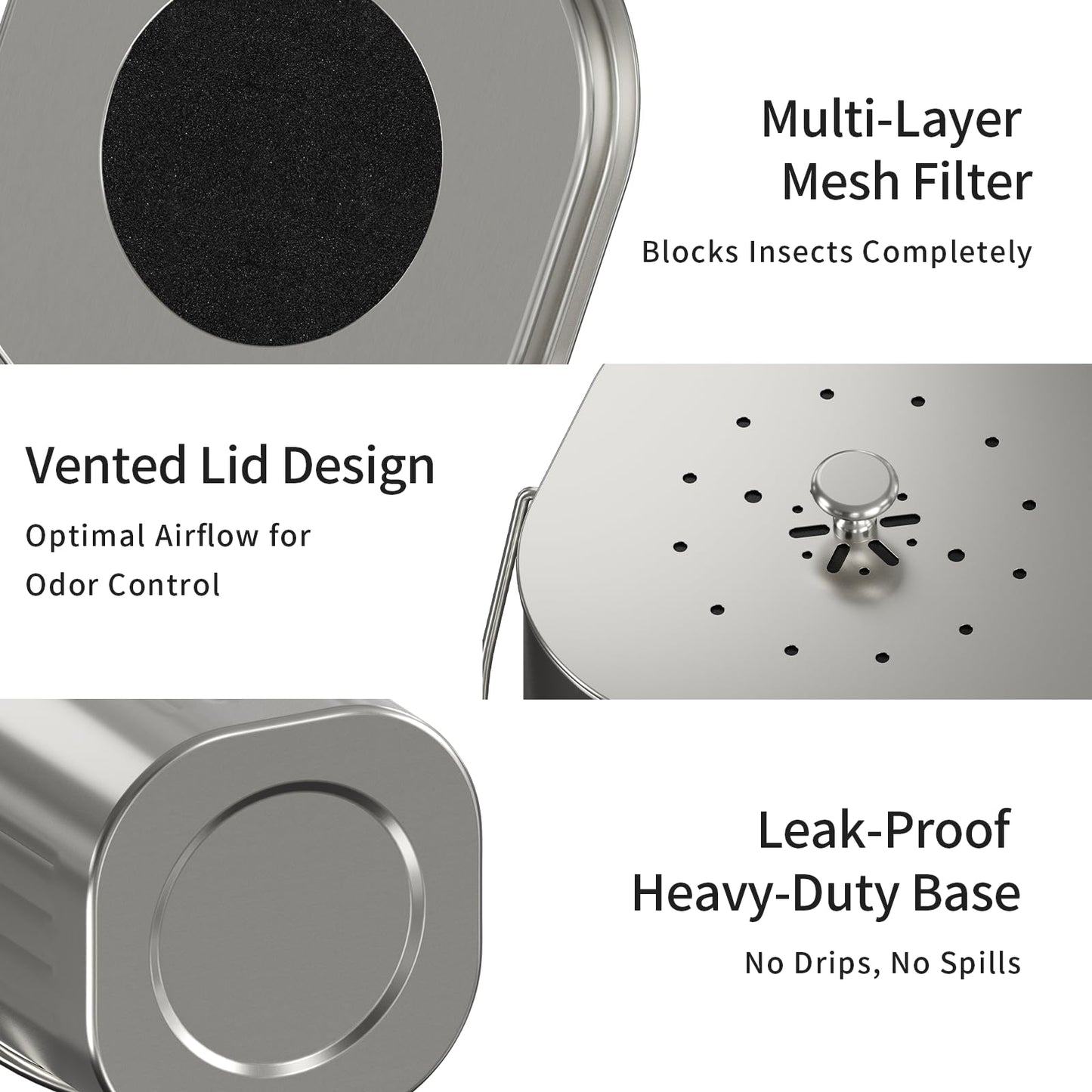MRBIN Stainless Steel Kitchen Compost Bin Countertop Trash Can with Lid and Charcoal Filter, Metal Small Indoor Rubbish Dustbin for Food Waste Recycle