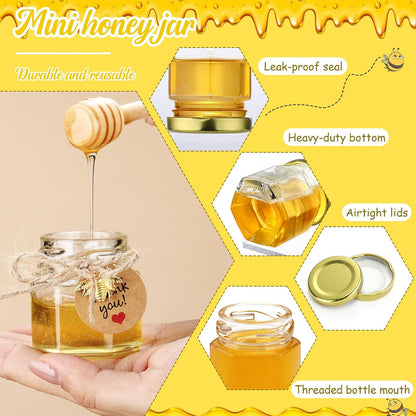 Funnymoom 30 Set 1.5 oz Mini Honey Jars Party Favors in Bulk Hexagon Glass Honey Jar with Dipper Bee Charms Thank You