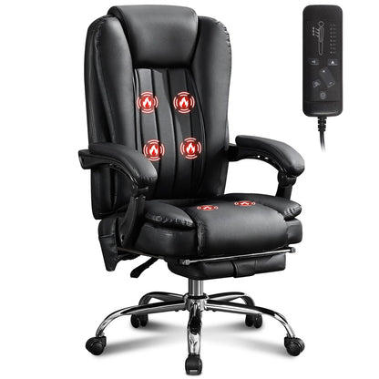 Thctvous Luxury Leather Executive Office Chair with Foot Rest, Reclining Massage Office Chair with Heat/Adjustable Backrest/Rolling Wheels/Soft Cushion, Heavy Duty, 400 Lbs Capacity (Leather, Black)