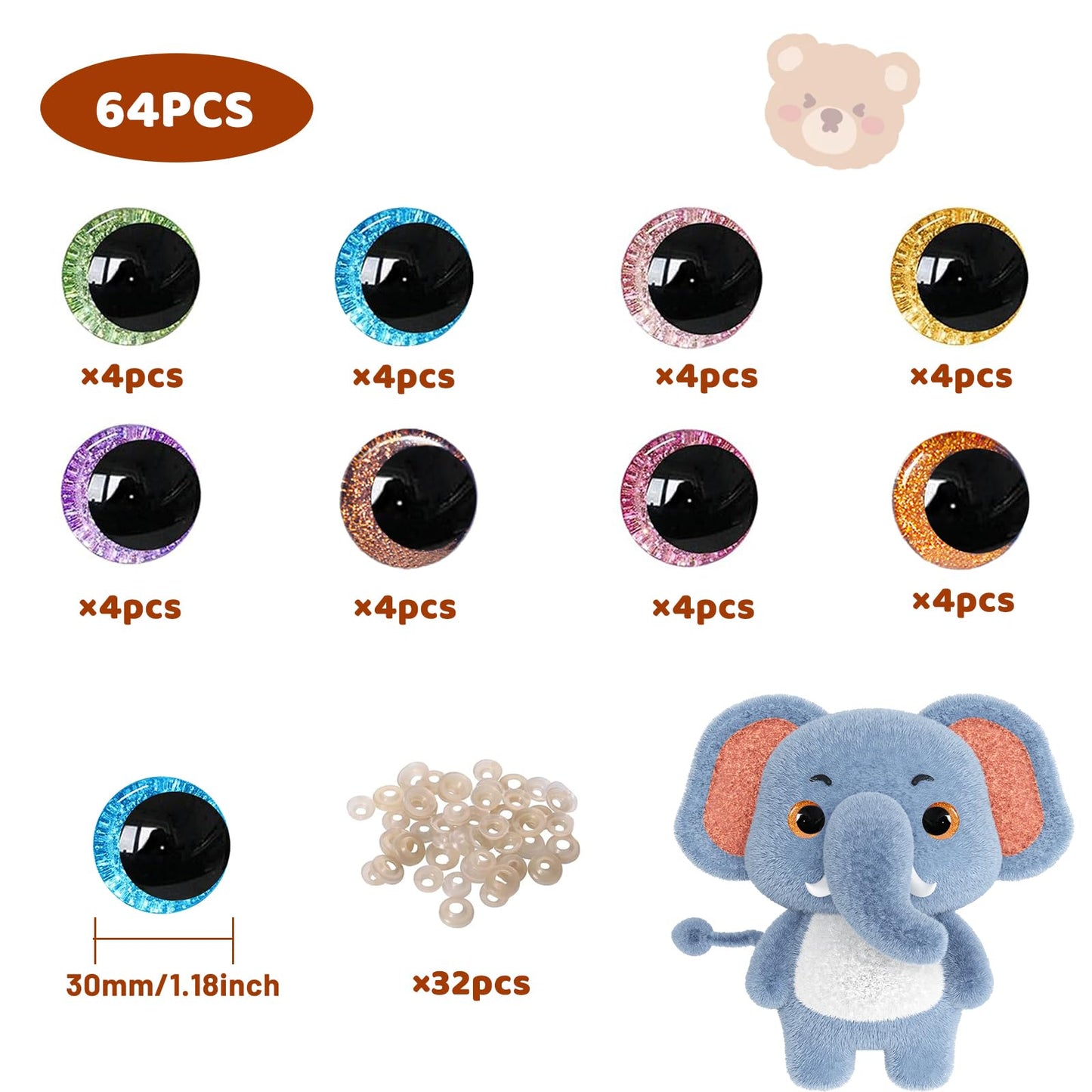64 Pcs Glitter Safety Eyes 30mm 3D Safety Eyes for Amigurumi Glitter Eye for Stuffed Animals Large Safety Eyes Crochet for DIY of Puppet, Bear Crafts, Toy Doll Making Supplies (8 Colors)
