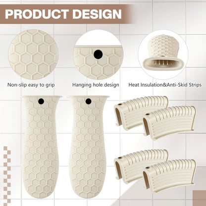 Patelai 8 Pcs Silicone Pot Holders Set Cast Iron Handle Cover Heat Resistant Pot Handle Covers Potholder Non Slip Reusable Pan Sleeve for Frying Pan Kitchen Supplies(Khaki)