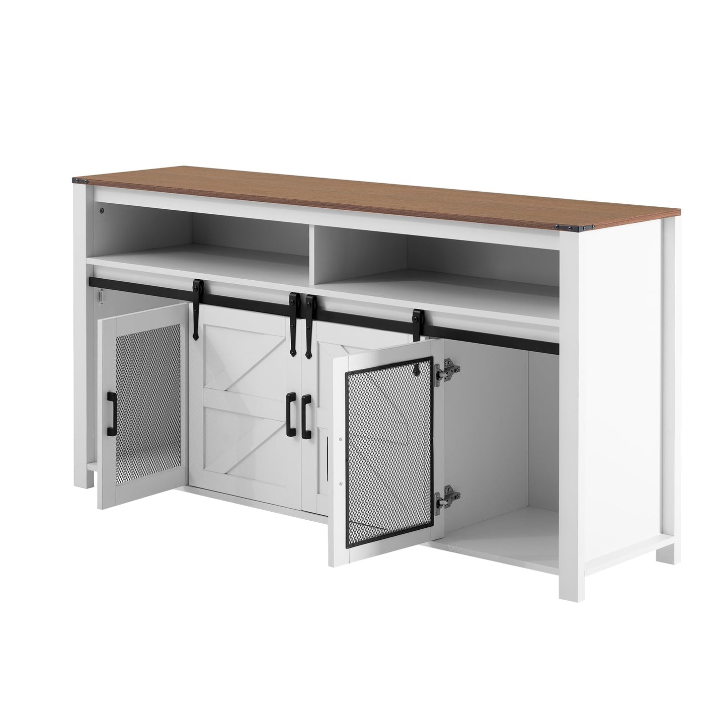 Ball & Cast Farmhouse Sideboard Buffet Cabinet with Storage, 59.3" TV Stand with Sliding Barn Door &Mesh Panel Door, Hallway Console-Tables Rustic Wood Coffee Bar Table for Dining Kitchen, White