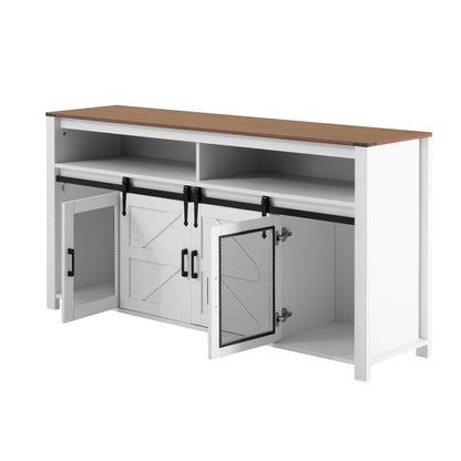 Ball & Cast Farmhouse Sideboard Buffet Cabinet with Storage, 59.3" TV Stand with Sliding Barn Door &Mesh Panel Door, Hallway Console-Tables Rustic Wood Coffee Bar Table for Dining Kitchen, White