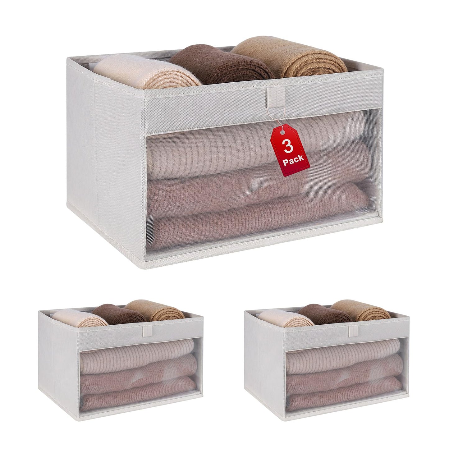 WUIKE Closet Storage Bins, Fabric Organizer Baskets with Clear Window and Handles, Foldable Storage for Shelves, Beige, Large, 3-Pack