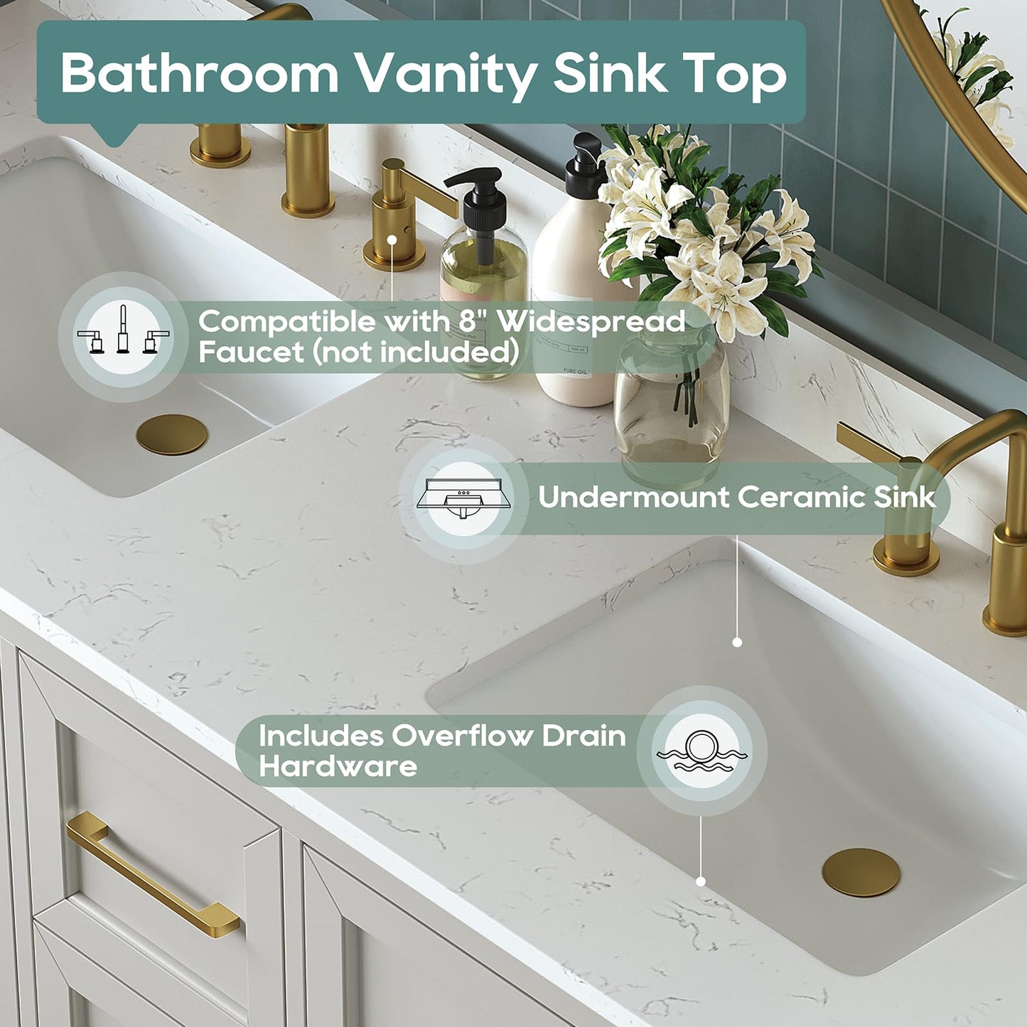 DELUXE LIVING 60 Inch Bathroom Vanity with Double Sink Combo, Solid Wood Frame with Mable Top &Backspalsh, Fully-Assembled with Soft-Closing Doors & 5 Drawers, Greige