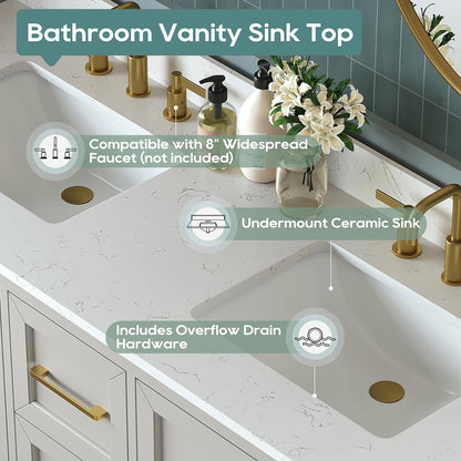 DELUXE LIVING 60 Inch Bathroom Vanity with Double Sink Combo, Solid Wood Frame with Mable Top &Backspalsh, Fully-Assembled with Soft-Closing Doors & 5 Drawers, Greige