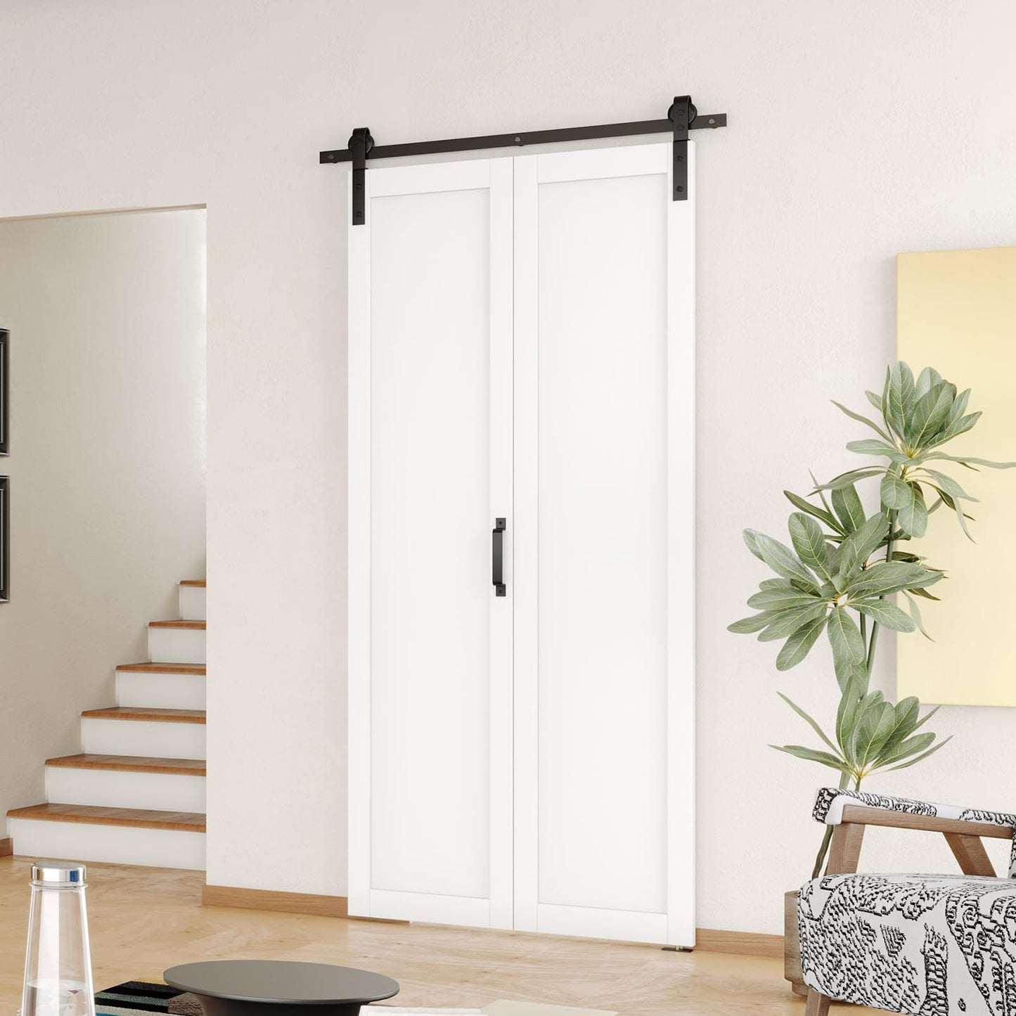 SOLRIG Bifold Barn Door, 1-Panel Sliding Barn Door for 30"（15" x2） x 84" Openings, Interior Folding Door with Sliding Hardware Kit Set, Finished Closet Door Slab, 2.83FT Track for 2 Doors, MDF, White