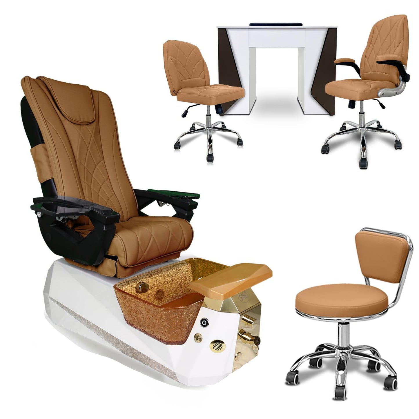 Galaxy Professional Nail Salon Furniture Set – Luxury Pedicure Spa Chair, Manicure Table & Technician Stools (Capuchino Set, Espresso Table)