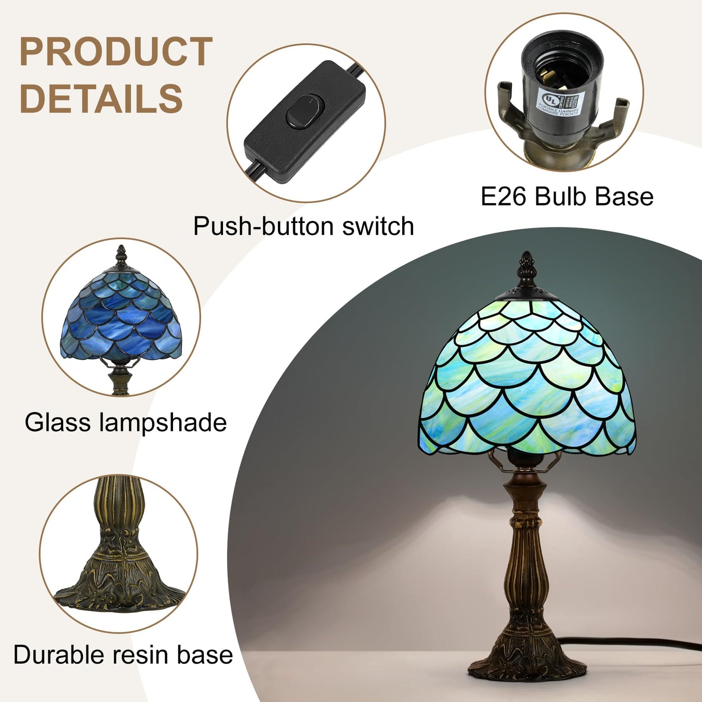 MOAN Small Lamp Stained Glass Table Lamp 8X14.5 Inch Bedside Reading Light Antique Light Desk Lamp(Green Fish Scale Style)