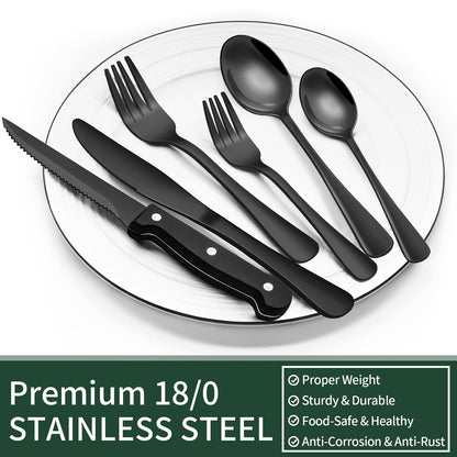 EWFEN 24-Piece Black Silverware Set with Steak Knives, Black Flatware Set for 4, Food-Grade Stainless Steel Tableware Cutlery Set, Mirror Finished Utensil Sets for Home Restaurant, Round Edge