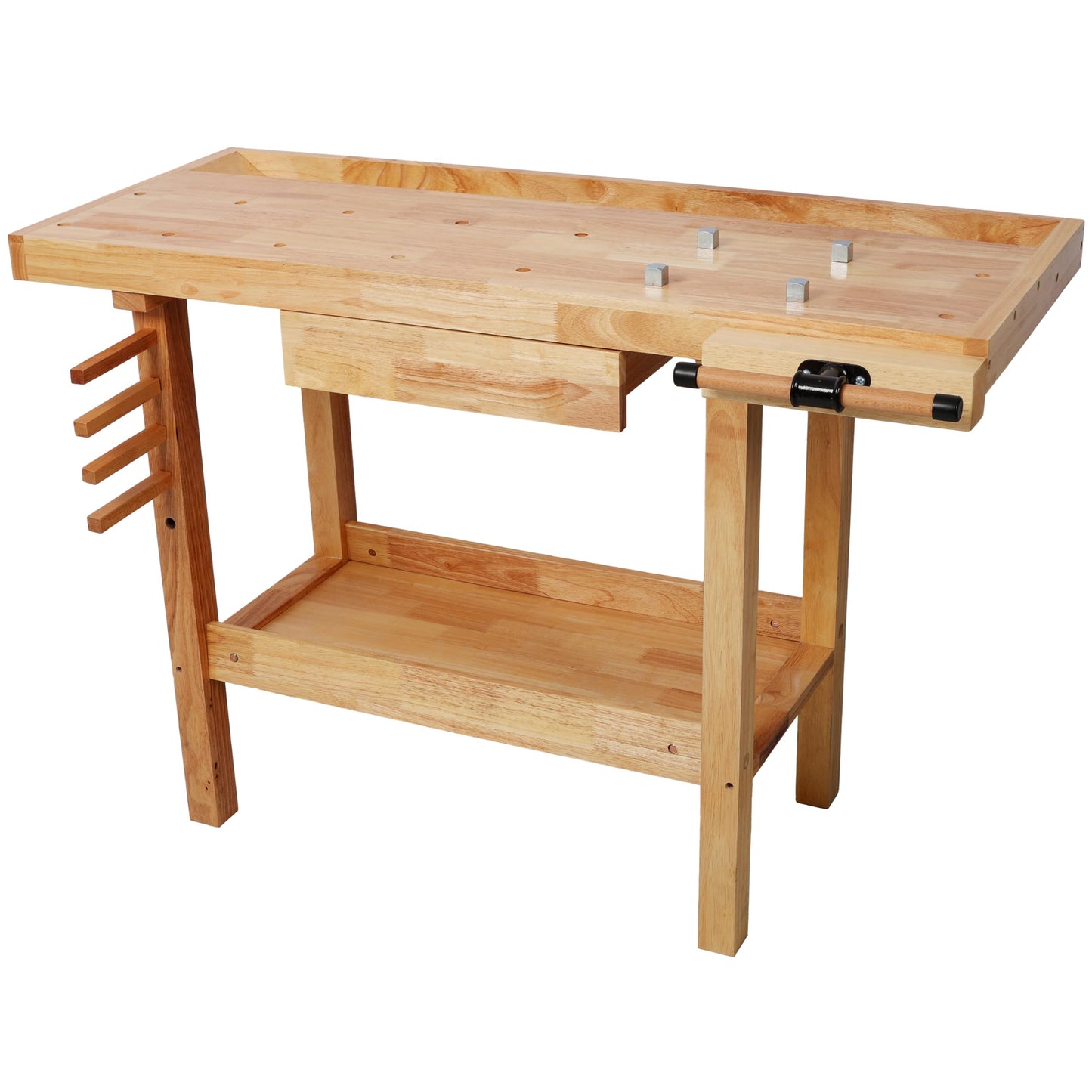 ABH 48 Inches Wood Workbench Heavy Duty Woodworking Table with Adjustable Handle Storage Shelf, 330lbs Capacity Solid Wood Workstation for Garage, Workshop, Improvement (Natural)