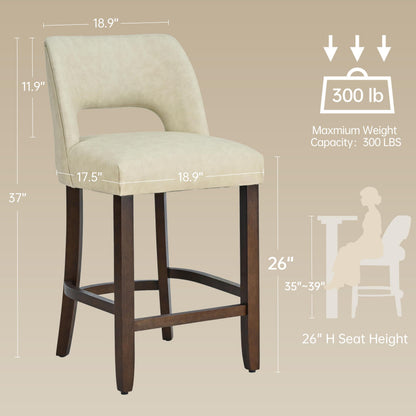 VKNOW 26" Bar Stools Set of 4, Faux Leather Counter Height Bar Stools with Backrest and Rubberwood Legs, Upholstered Barstools for Kitchen Island, Bar and Dining Room, Beige