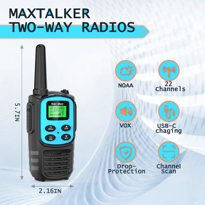 Walkie Talkies Long Range for Adult, MT10 Rechargeable Walkie Talkies FRS Two Way Radio, NOAA, 1200mAh Li-ion Battery USB-C Cable, LED Flashlight, VOX Walkie Talkie for Hiking Camping 2Pack