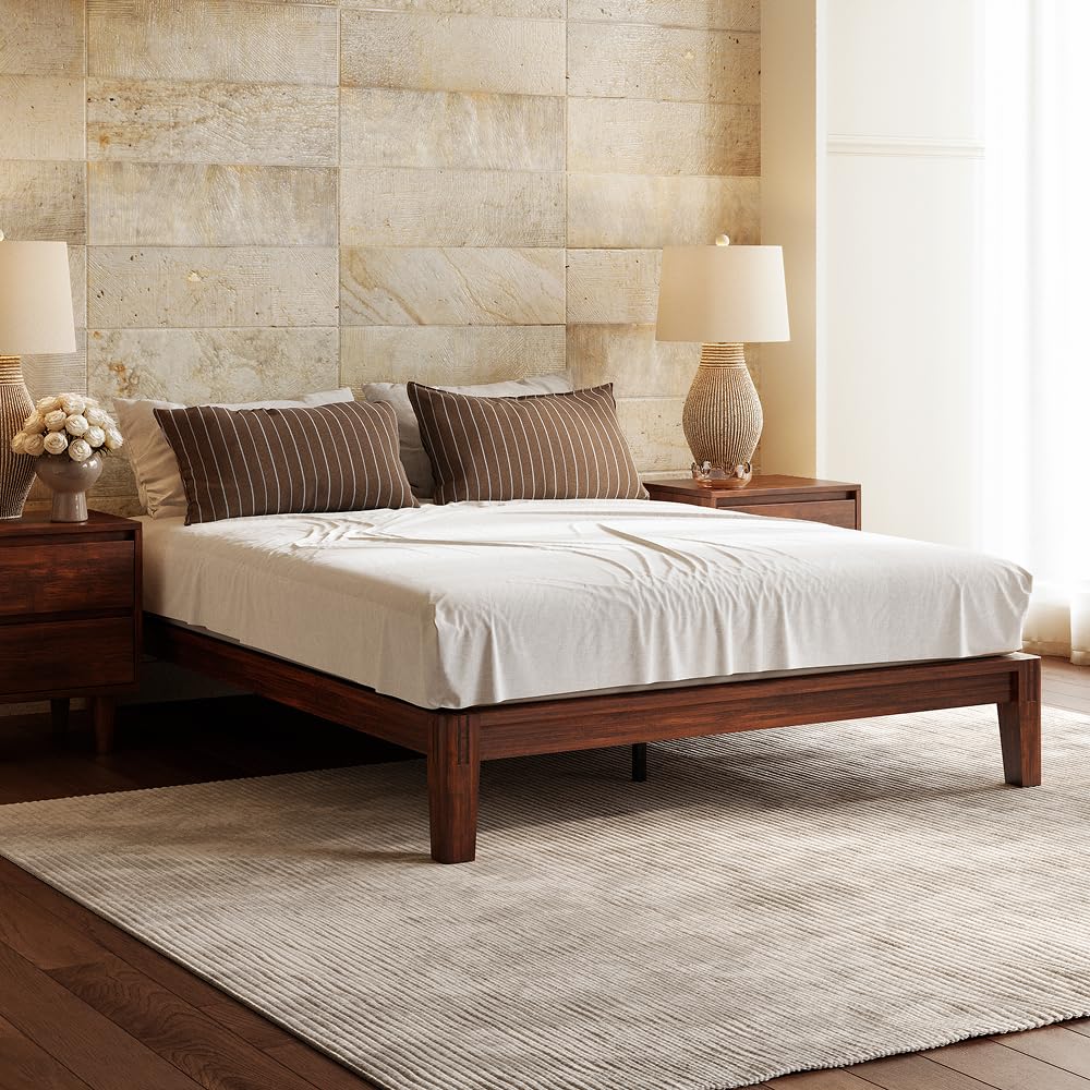 DreamCloud Bamboo Platform Bed Frame - Queen - Walnut - Floating Center Support Legs - 12” Height - Easy Tool Free Set Up - Contemporary - Sturdy Wooden Support Slats - Holds Up to 800 Pounds