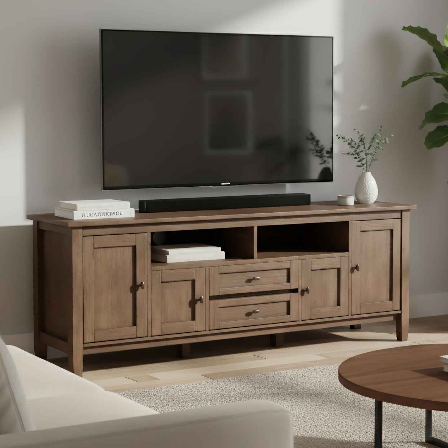 SIMPLIHOME Warm Shaker TV Stand - 72 inch Wide Solid Wood Media Console in Rustic Natural Aged Brown, Transitional Entertainment Center for Living Room for TVs up to 80 Inches with Cable Management