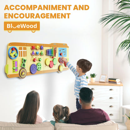 BlueWood 2024 8 in 1 Pikler Triangle Climbing Set, School Bus Wall Busy Board Panels
