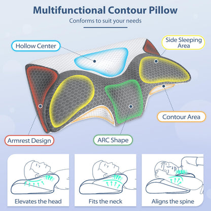 HOMCA Cervical Pillow, Ergonomic Memory Foam Pillow for Neck and Shoulder Pain Relief with Cooling Ice Silk Pillowcase, Orthopedic Neck Bed Pillow for Side, Back and Stomach Sleepers