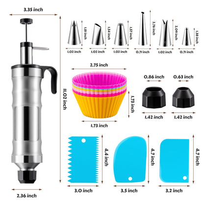 MIKESIER Dessert Decorating Syringe Set, Stainless Steel Frosting & Icing Piping Kit with 6 Tips and 9 Silicone Cupcakes,3 Cream Scraper for Cake Decorating Tools Cupcake Decorating Kit