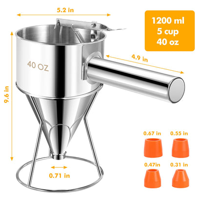 Babcarriery Pancake Batter Dispenser 40 OZ - Funnel Cake Dispenser With Stand, Stainless Steel, Leak-Proof Nozzle & Squeeze Handle, Precise Control, for Pancakes, Waffles, Cupcakes & Baked Goods