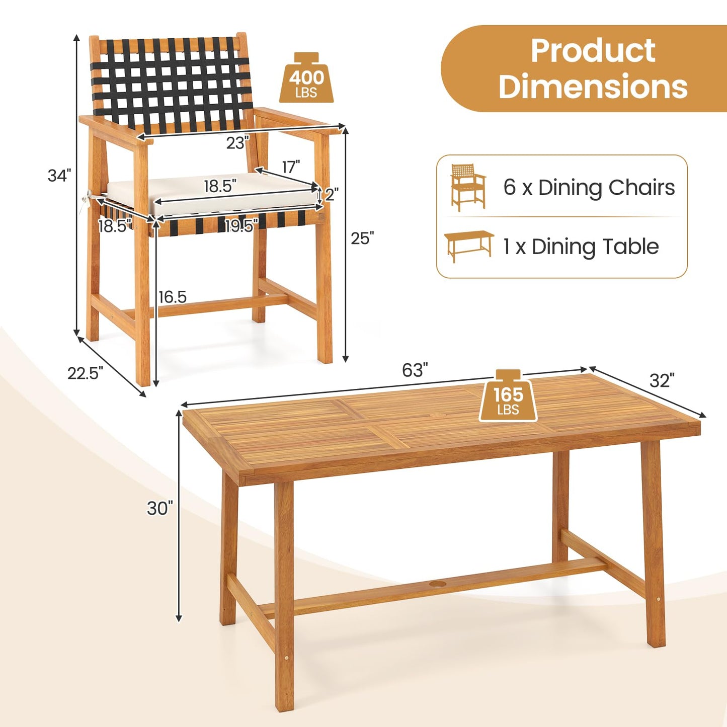 Tangkula 7 Piece Patio Dining Set for 6 People, 63” Outdoor Rectangular Acacia Wood Table with 1.97” Umbrella Hole & 6 Armchairs with Padded Seat Cushions, for Deck Yard and Poolside