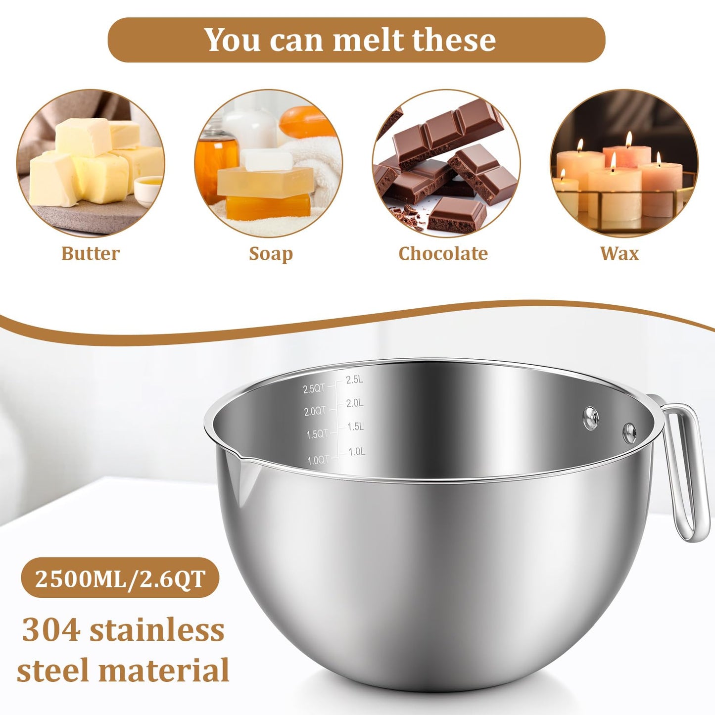 4-Piece Double Boiler, Chocolate Melting Pot Set Include 2500ml/2.3QT Mixing Bowl and 4000ml/3.63qt Stainless Steel Pot, Silicone Spatula, Stainless Steel Stirring Spoon, Induction Safe