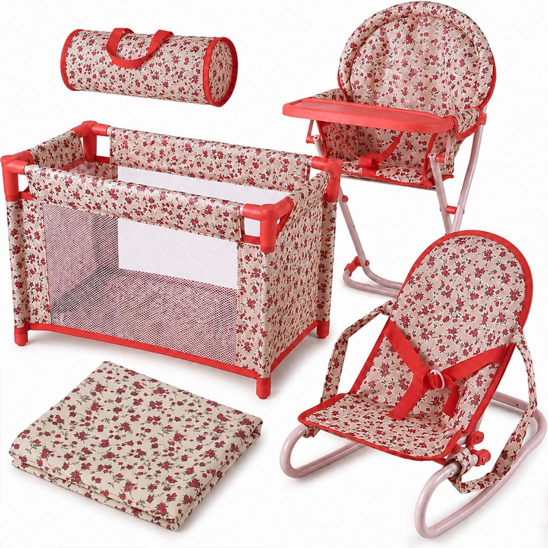 Floral Baby Doll Accessories Set, 3-1 Baby Doll Crib, Baby Doll High Chair & Bouncer Seat. 18 inch Doll Accessories with Doll Bed. 18" Dolls Furniture Play Stuff. Toys for Girls Ages 3-5,4-6,5-7,8-10