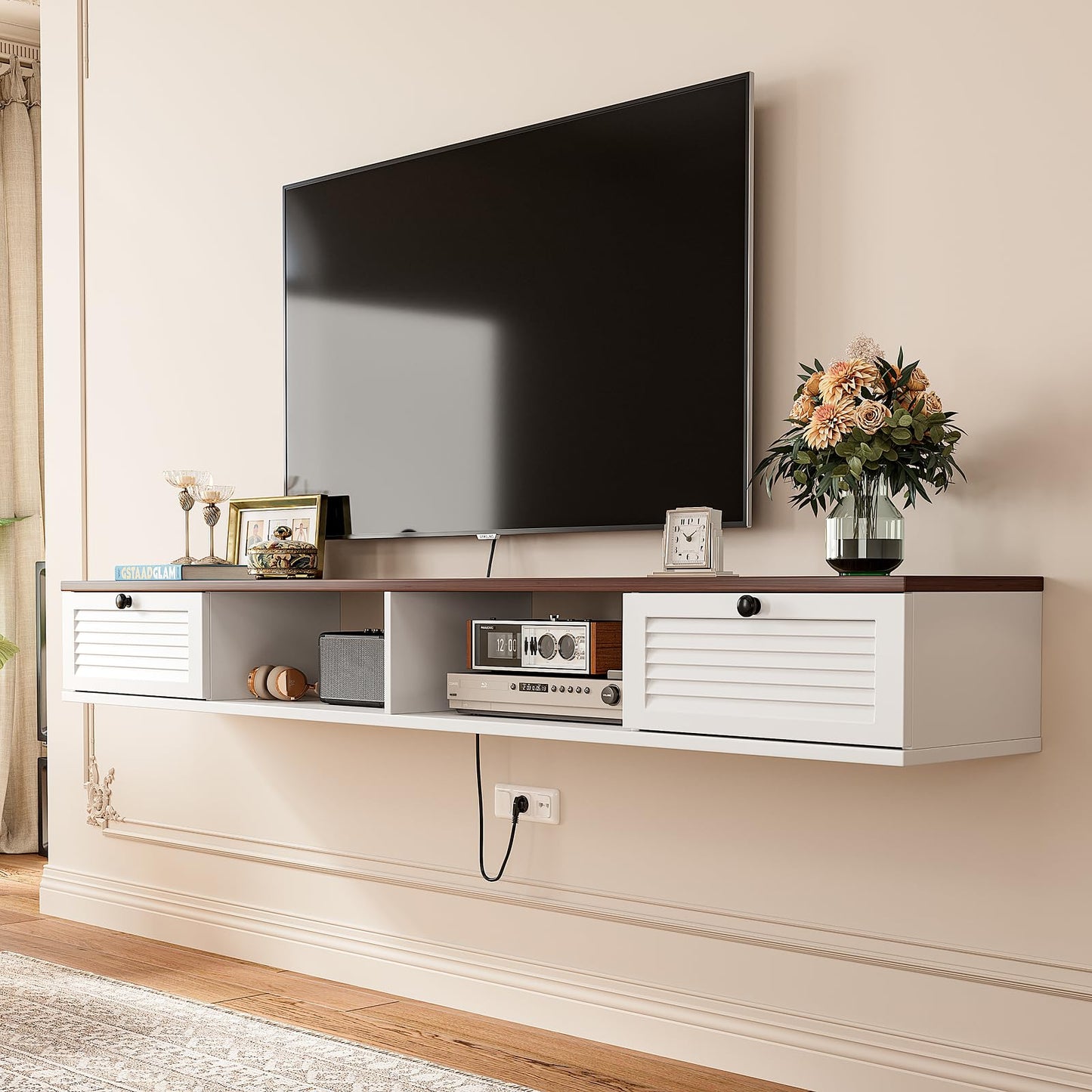 FloatiCasa Floating TV Stand,Plywood Wall Mounted Media Console with 2 Doors & Open Storage,Modern Under TV Cabinet for Living Room & Bedroom,White & Walnut, 78 inch